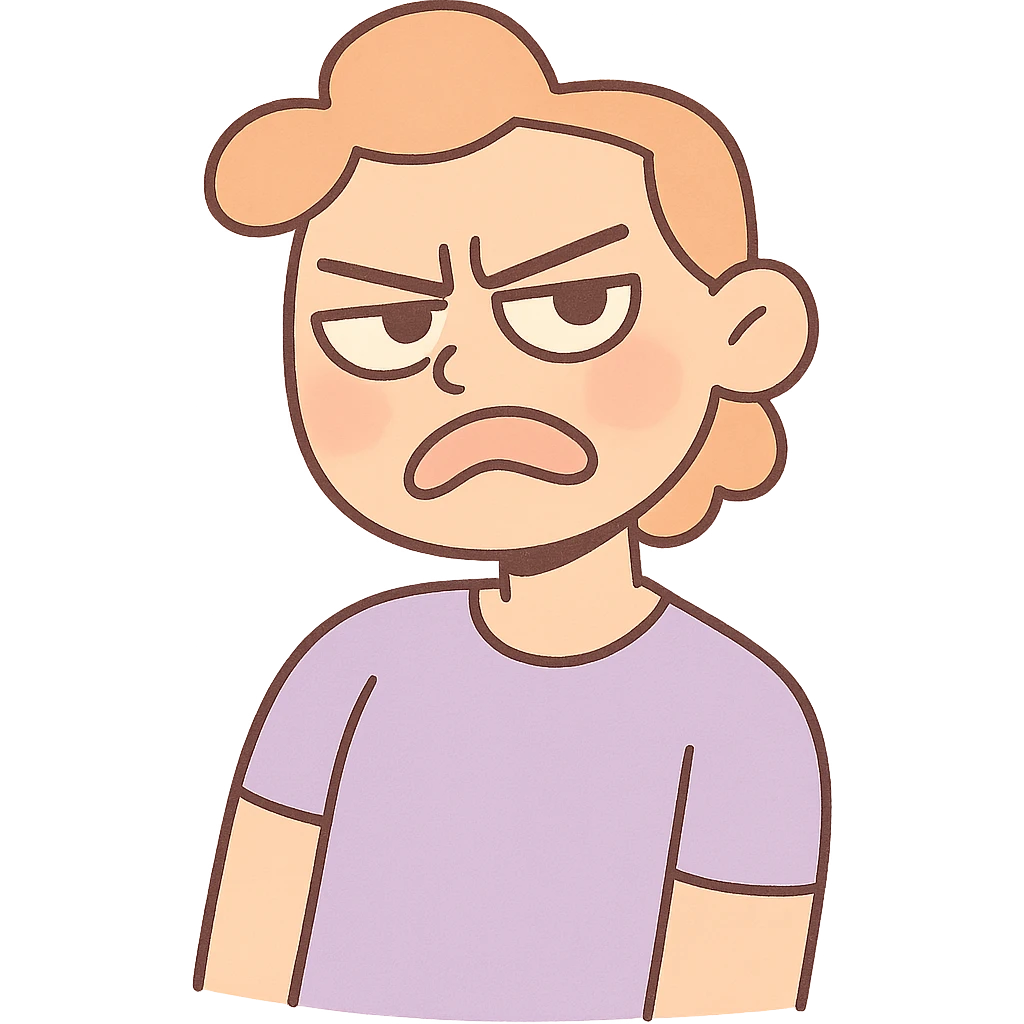 a person with a tilted head, annoyed and frustrated, pastel toon style, soft colors emoji