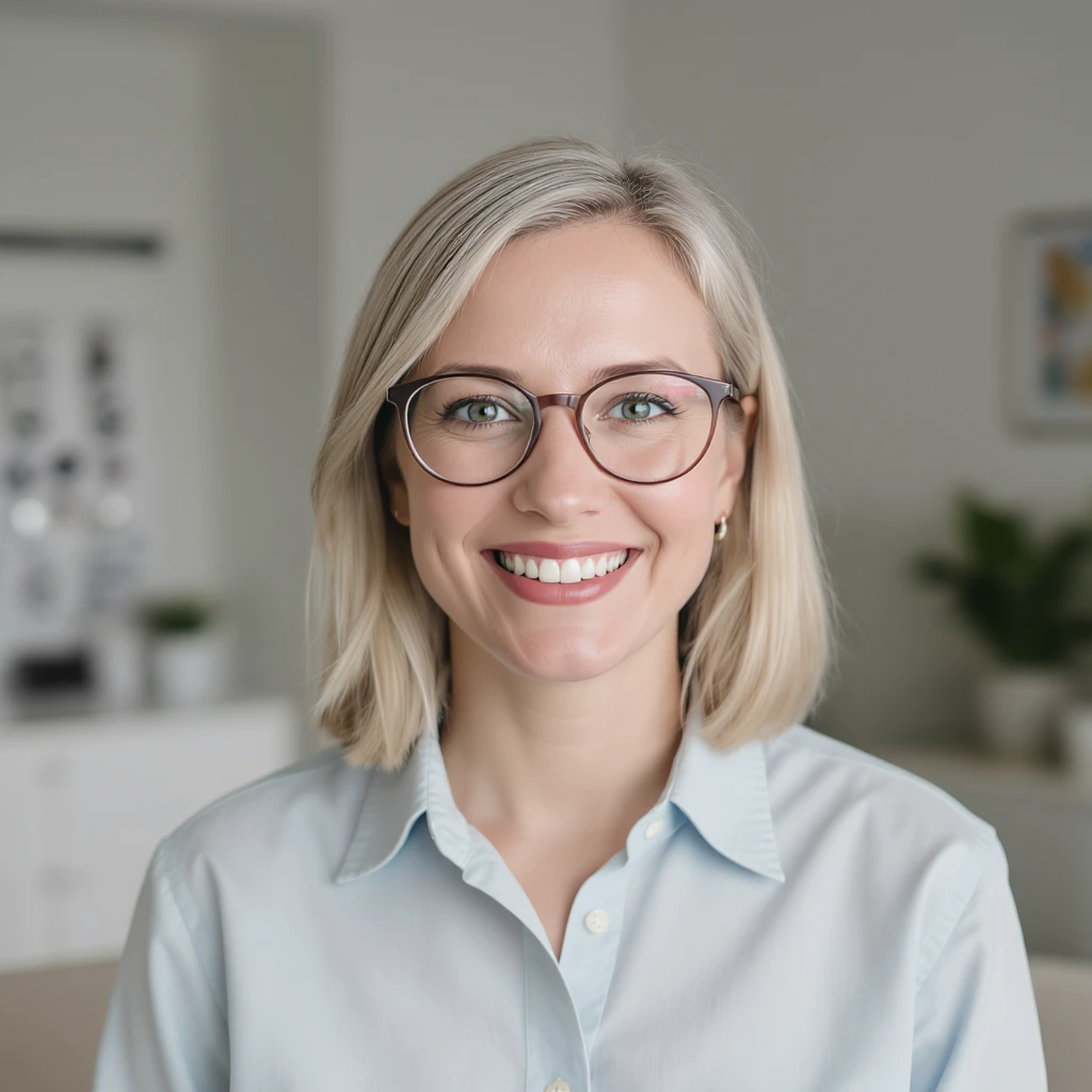 Cinematic still of a smiling european white woman with glasses smiling, minimalistic ophthalmologist interior in background, leading  lines, rule of thirds emoji
