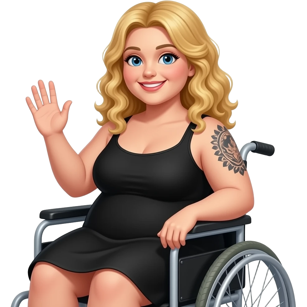 Plus Size women in wheelchair Blonde curly hair blue eyes black tattoos on right lower arm wearing a black summer dress wavering hello friend emoji