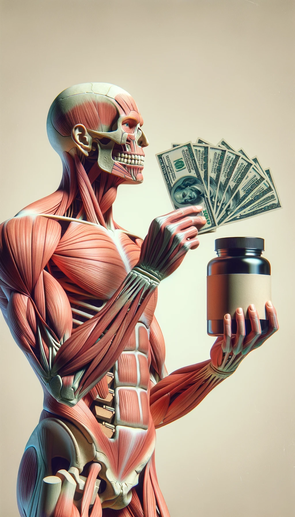 corpo umano anatomico che tiene nella mano destra una boccetta di integratore e nella mano sinistra delle banconote, sfondo neutro chiaro emoji