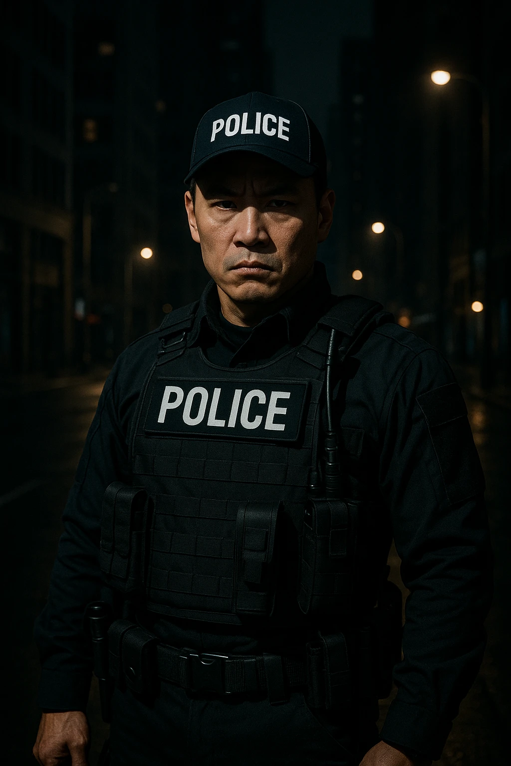 Asian cop, stern face, tactical gear, standing confidently, city at night, dramatic shadows emoji