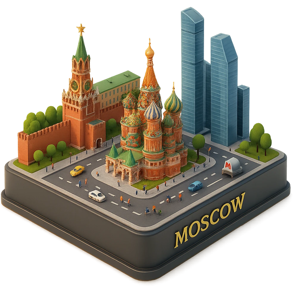Изометричная миниатюрная 3D модель Москвы на подставке - фотореалистичный Кремль, собор Василия Блаженного, фотореалистичный Башни Москва-Сити, аккуратная детализация, яркие цвета, мультяшный реализм, гуляют люди и современный автотранспорт и метро, компактная композиция, вид сверху в изометрии emoji