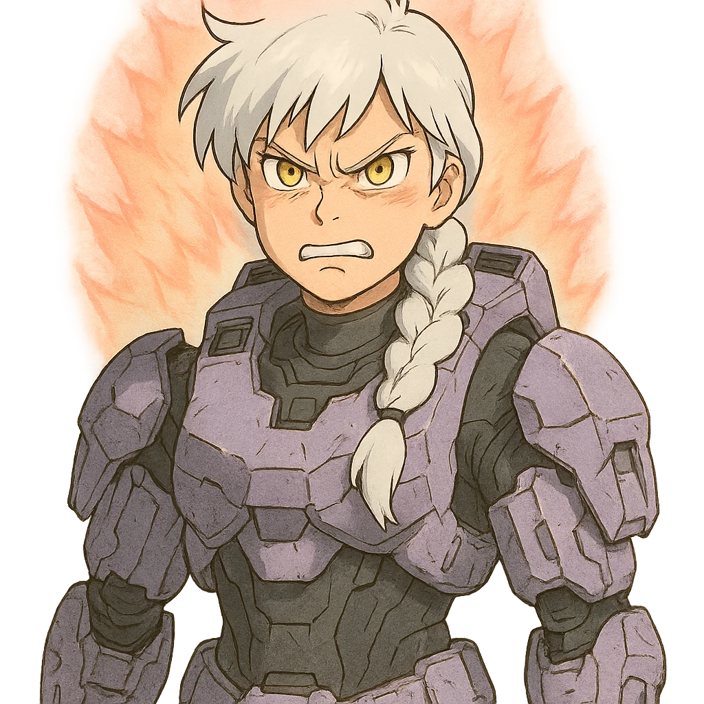 making an angry scowl, frown closed mouth, rage face, rage aura,  female, wearing reach spartan armor shoulder-unequip, long white braid hair with massive messy front side single bangs, gold yellow eyes, attention pose, D-cup size, HALO:series, no helmet, the armor is lavender color scheme, emoji