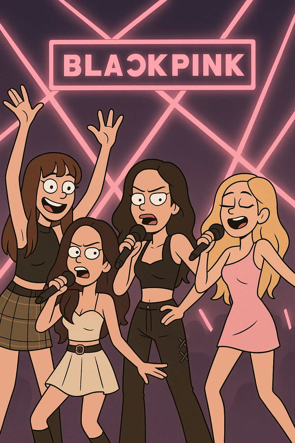 Blackpink concert scene, dynamic, neon lights, energetic, cartoon style emoji