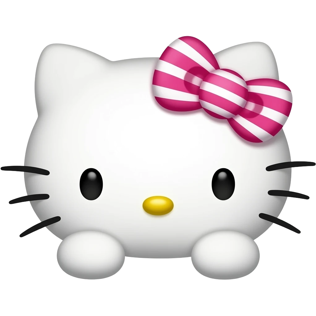 Hello Kitty head with two front paws and a bright pink and white striped bow emoji