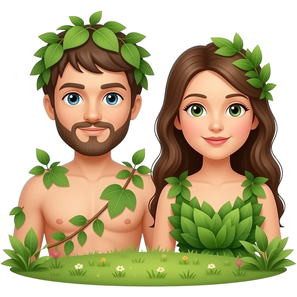 Adam and Eve wear fig leaves in the garden of Eden in the background emoji
