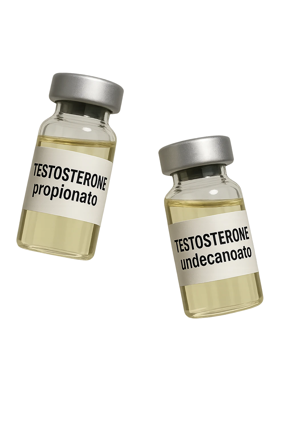 due fiale mediche, una con la scritta "TESTOSTERONE propionato" SULL'ETICHETTA E L'ALTRO CON LA SCRITTA "TESTOSTERONE undecanoato", FLUTTUANO IN ARIA emoji
