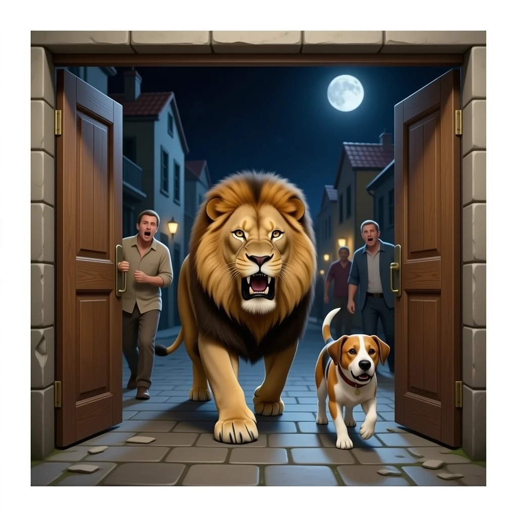 quiero que salga en un publo un leon y un perro que esten por la ciudad dando vulta con mucha hambre pero que no deestrozen nada tambien quiero que en las puertas hayan puesto madera colocada para que no entren  que la gente de el pueblo  que este asustada y que sea de noche y terrorifico y realista emoji