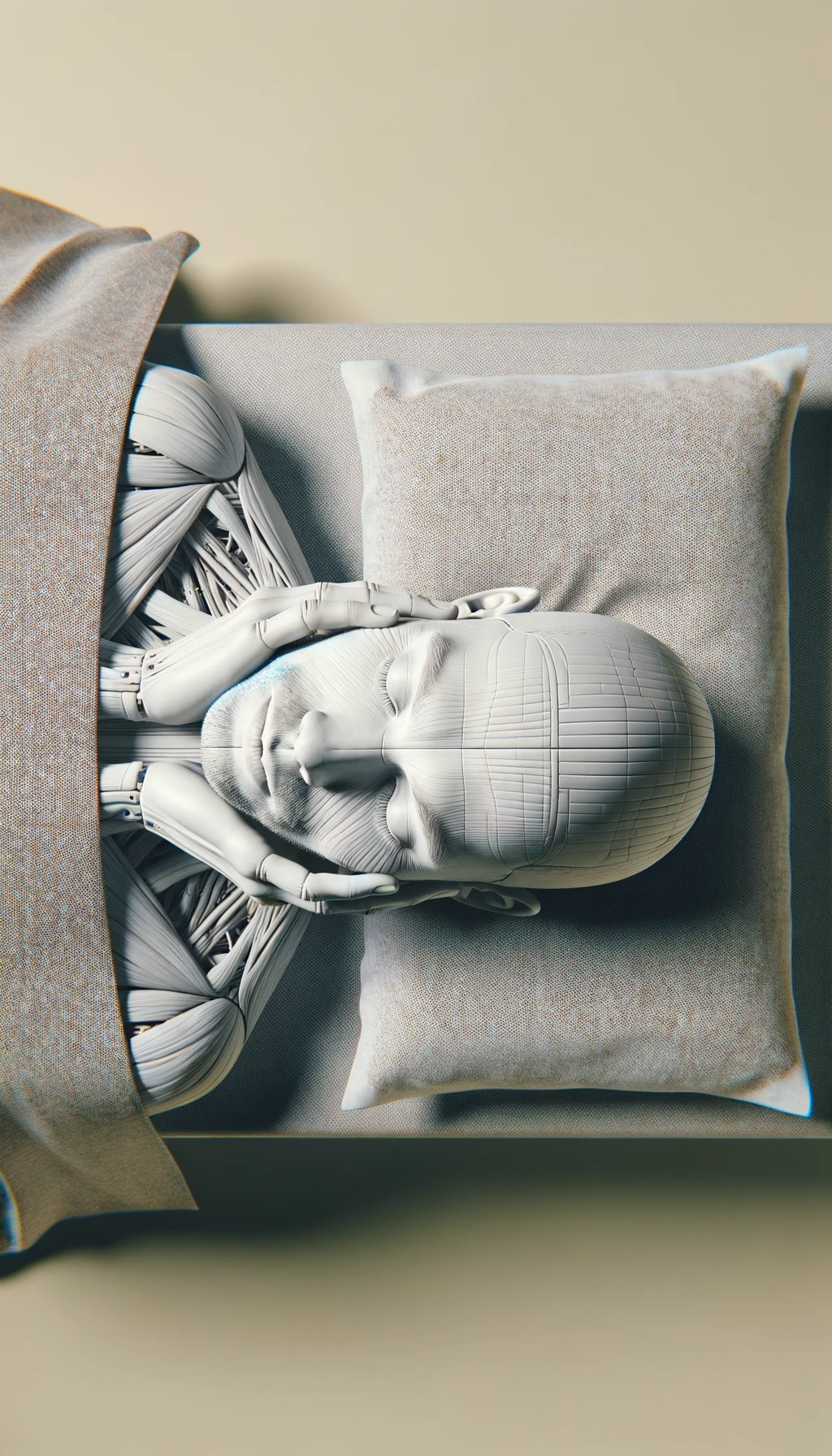 CORPO UMANO ANATOMICO steso sulle lenzuola sul materasso visto dall'alto che si concentra con gli occhi chiusi e le mani sulle tempie, SFONDO CHIARO NEUTRO, iperrealistico 4k emoji