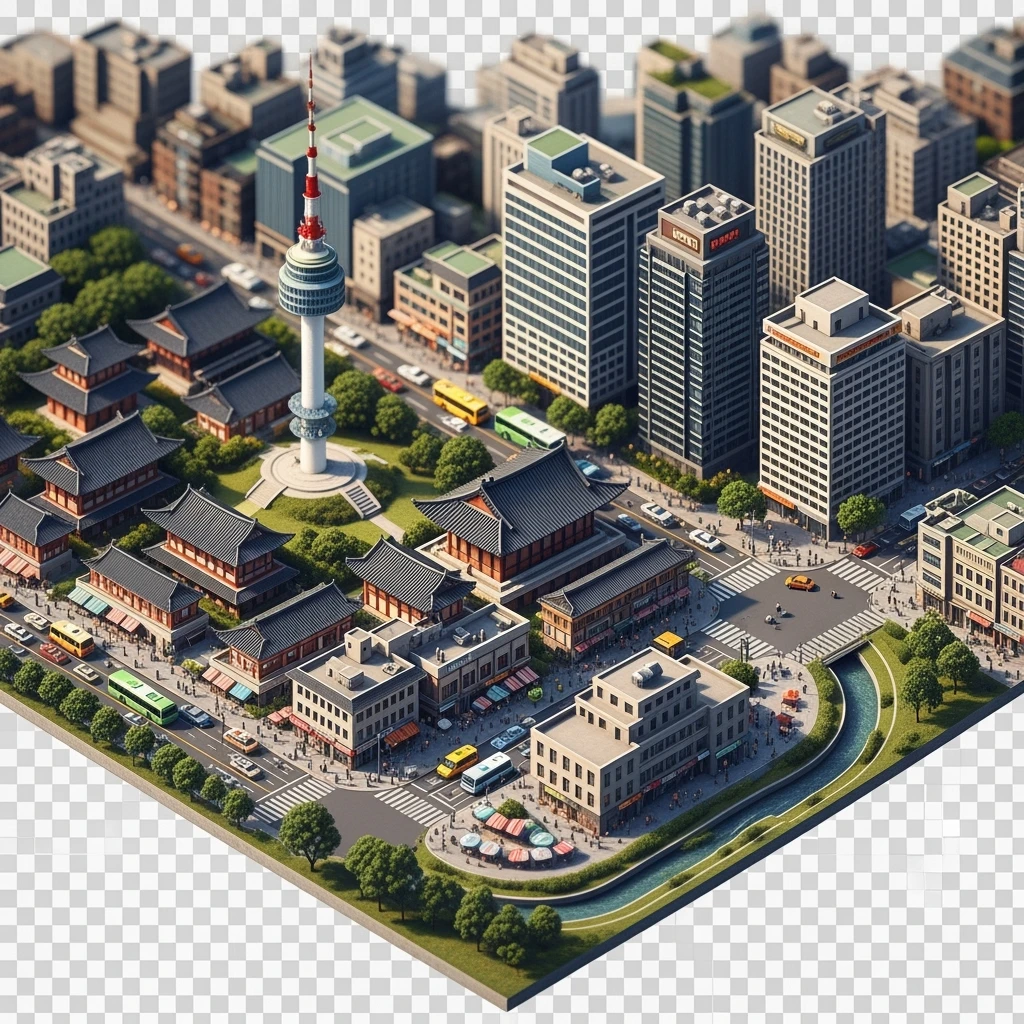 Isometric miniature of Seoul atmosphere of the city 3D miniature effect and Tilt Shift effect, no cartoonish look, transparent background. emoji
