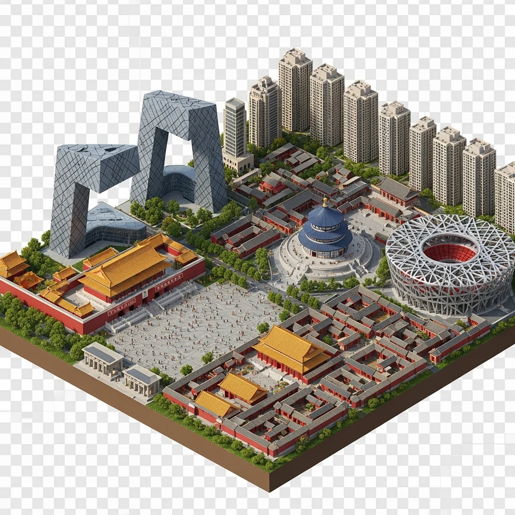 Isometric miniature of Beijing Forbidden City, Tiananmen Square, CCTV Headquarters, Temple of Heaven, Bird’s Nest Stadium and crowded hutong alleys, sprawling apartment blocks, 3D miniature effect and Tilt Shift effect, no cartoonish look, transparent background. emoji
