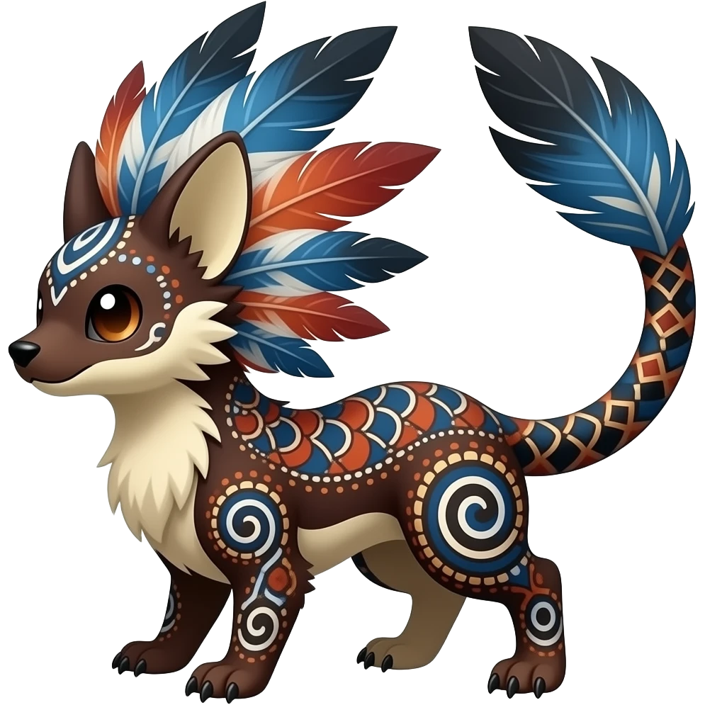 Tribal-patterned aboriginal majestic feathery elegant realistic stylish Furry, fluffy feathery tropical painted scaly, dark-brown, sanguine-red, blue, white, black, Minccino-Bambino-Linoone-Zangoose-fusion-hybrid-animal-Fakémon-creature, full body, thin long sleek tufted tail, intricate markings emoji