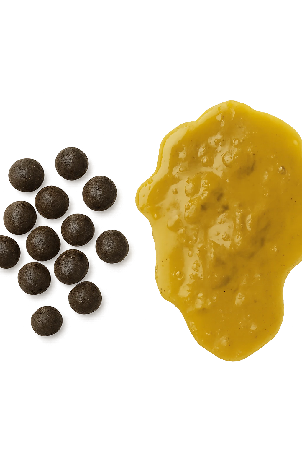 feci di animale a palline viste dall'alto e feci di animale liquide e gialline viste dall'alto, iperrealistico 4k emoji