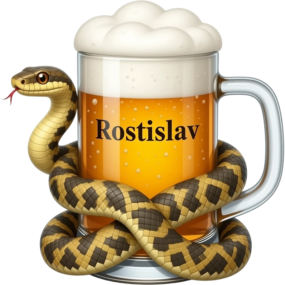 A snake wraps itself around a glass of beer with the inscription Rostislav emoji
