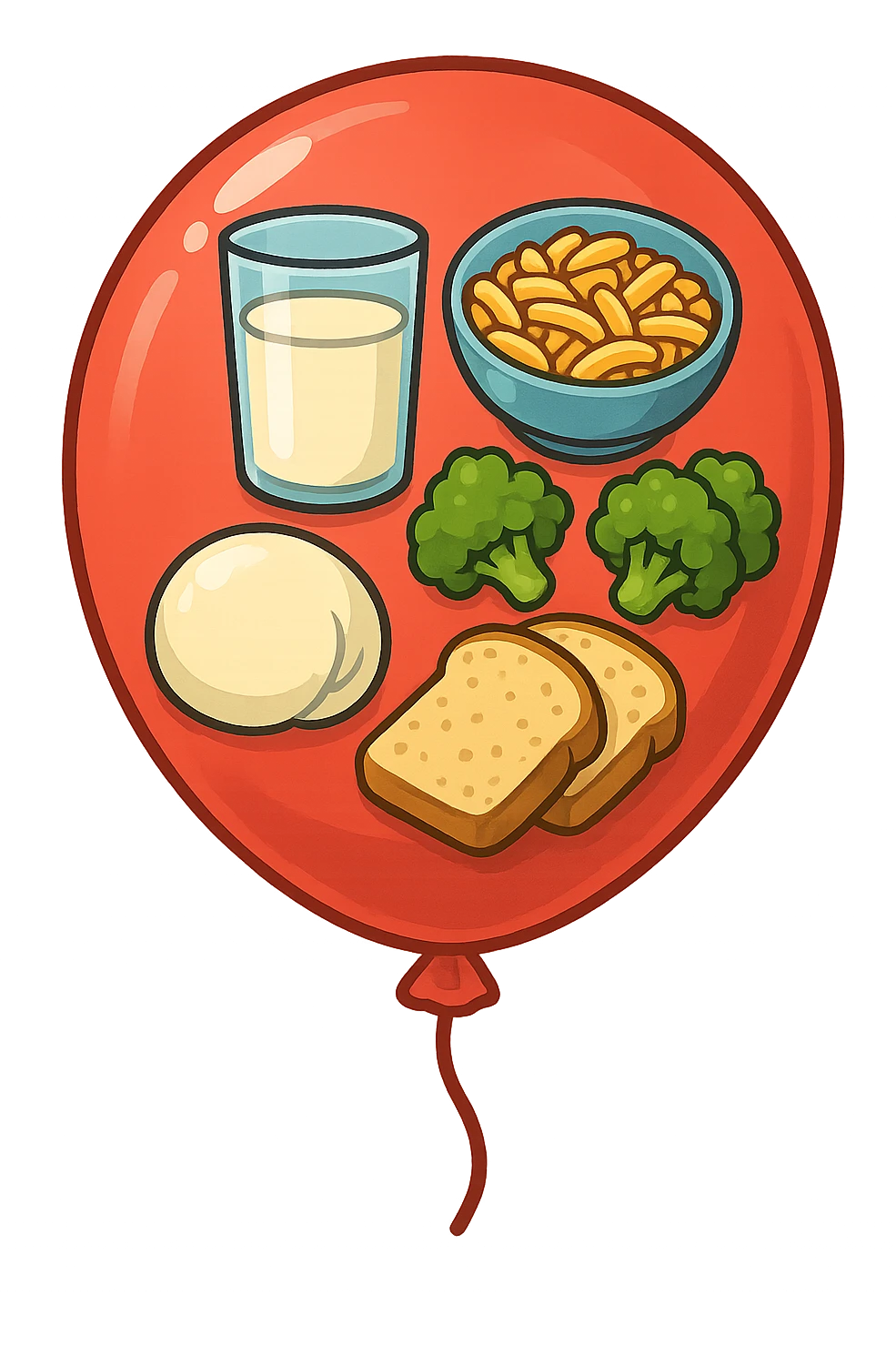 PALLONCINO ROSSO CON DENTRO UNA MOZZARELLA, UN BICCHIERE DI LATTE, UNA BOWL DI PASTA, QUALCHE BROCCOLO, QUALCHE FETTINA DI PANE emoji