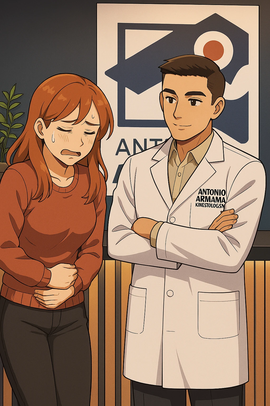 su questo stile fai un manga/webtoon a colori in cui una donna si lamenta che sta male e ha mal di pancia, l'uomo della foto in stile manga gli risponde, mantieni un ambiente simile alla foto che ho allegato con il suo logo (sarebbe il suo studio, lui è un kinesiologo), scrivigli "ANTONIO ANANIA" sul camice bianco, non mettere fumetti, ma fai in modo che sembri che la donna chiede una cosa e l'uomo risponde alla sua domanda emoji