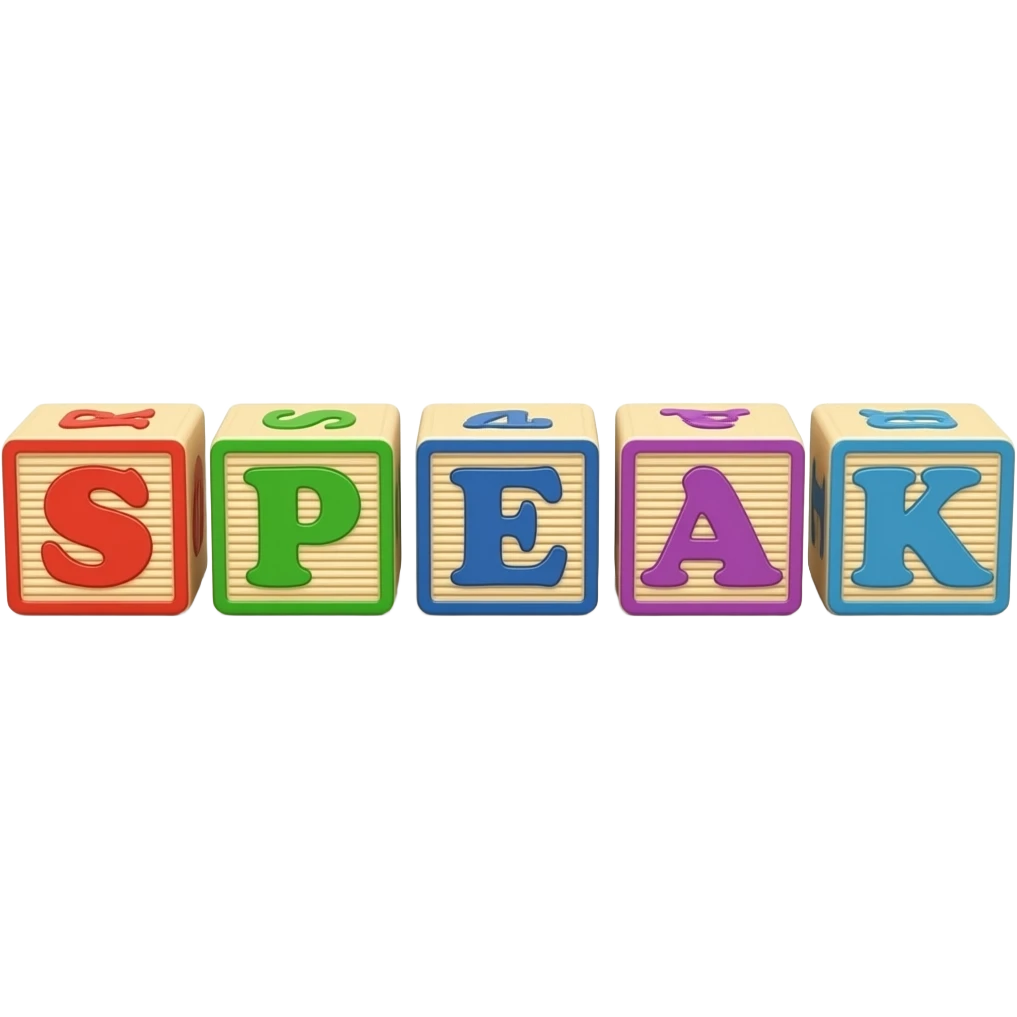 Five children's blocks forming the word "SPEAK" emoji