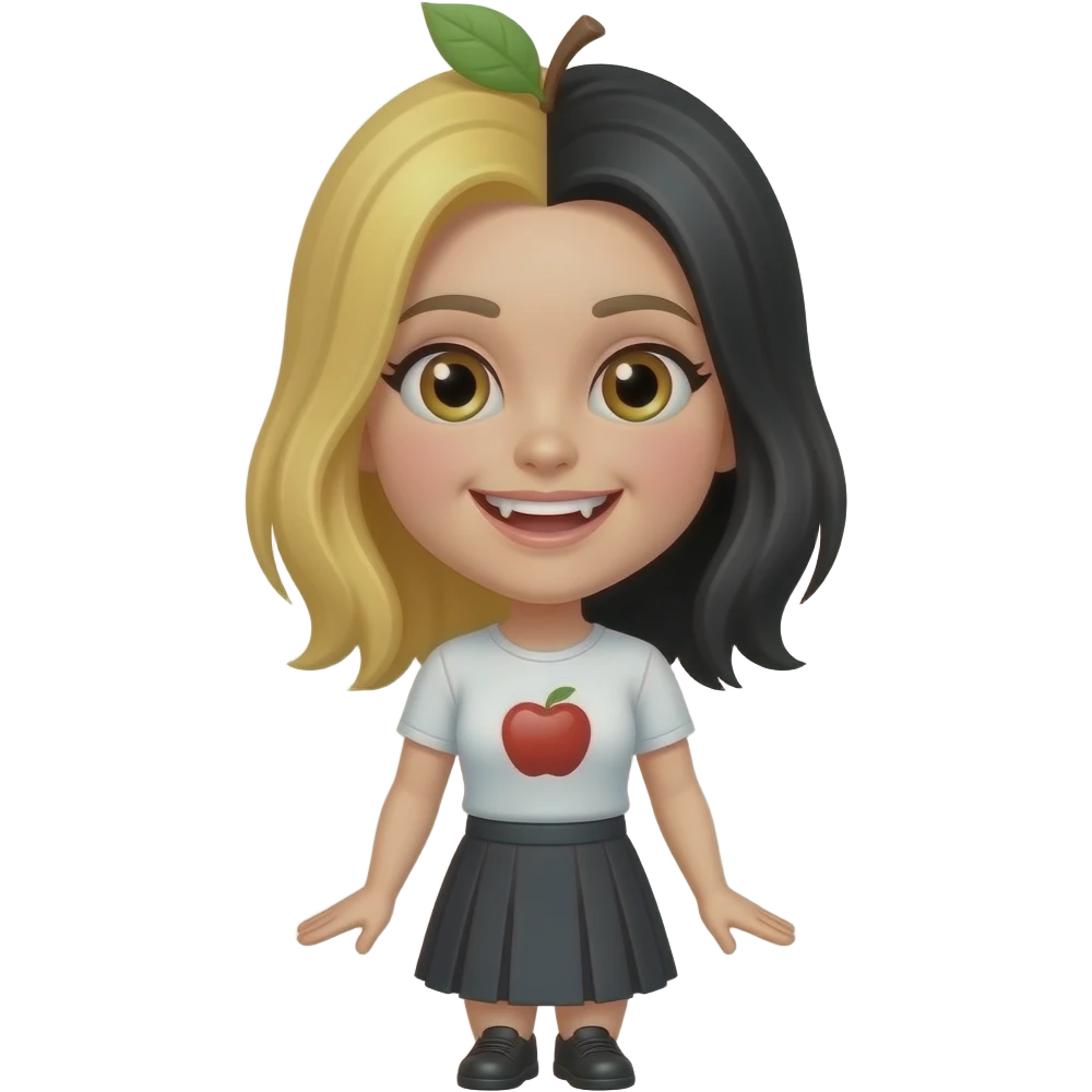 A girl with half blonde hair and half black hair split down the middle it’s a girl she has a tooth gap but it too big she is in a like top and skirt She is like an apple emoji and she is an adult emoji