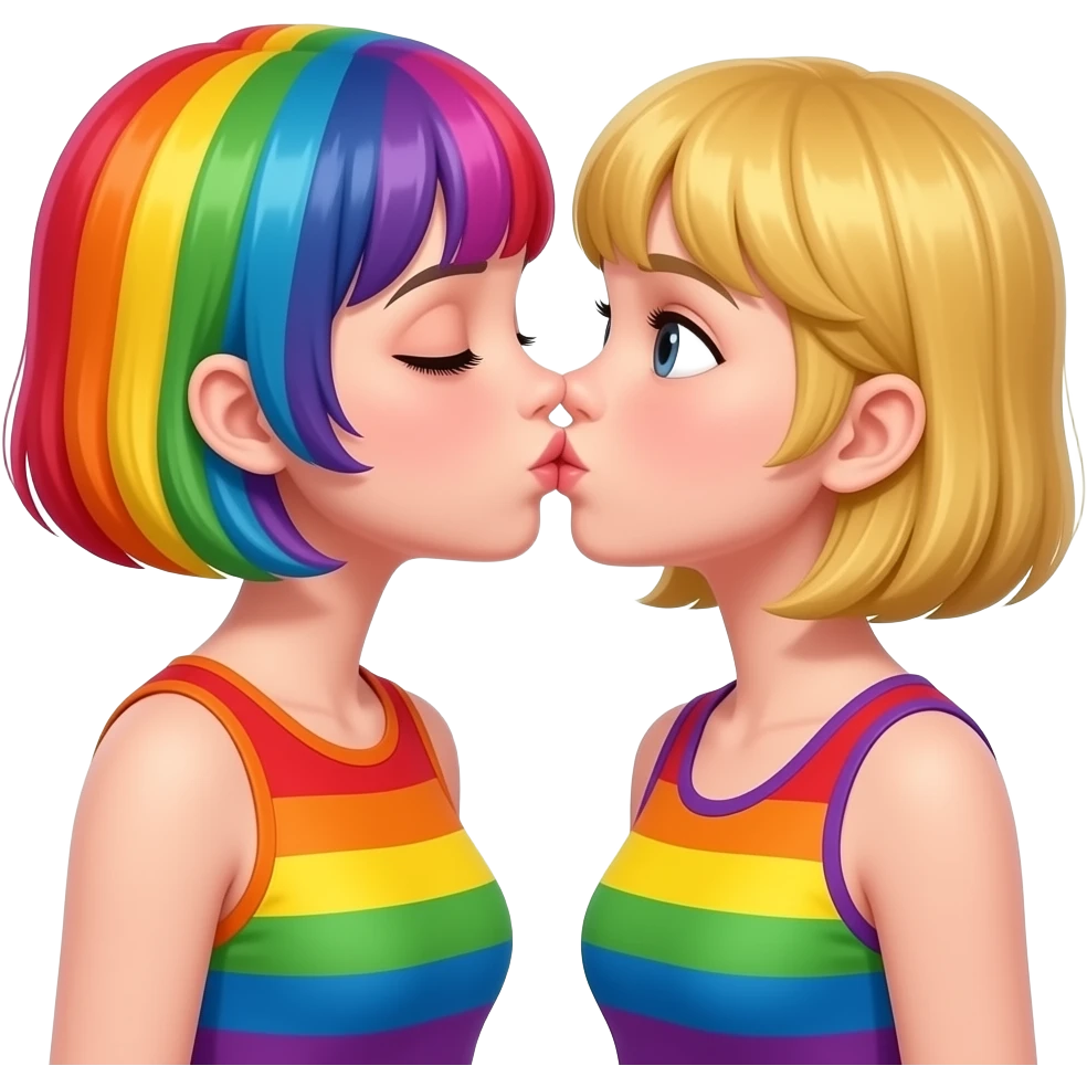 make a girl with short rainbow hair and rainbow clothes kissing a girl who also is in rainbow emoji