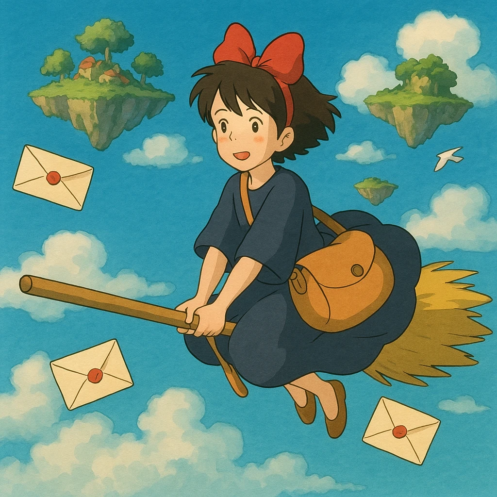 A mail carrier girl on a broomstick delivering letters to flying islands.

 emoji
