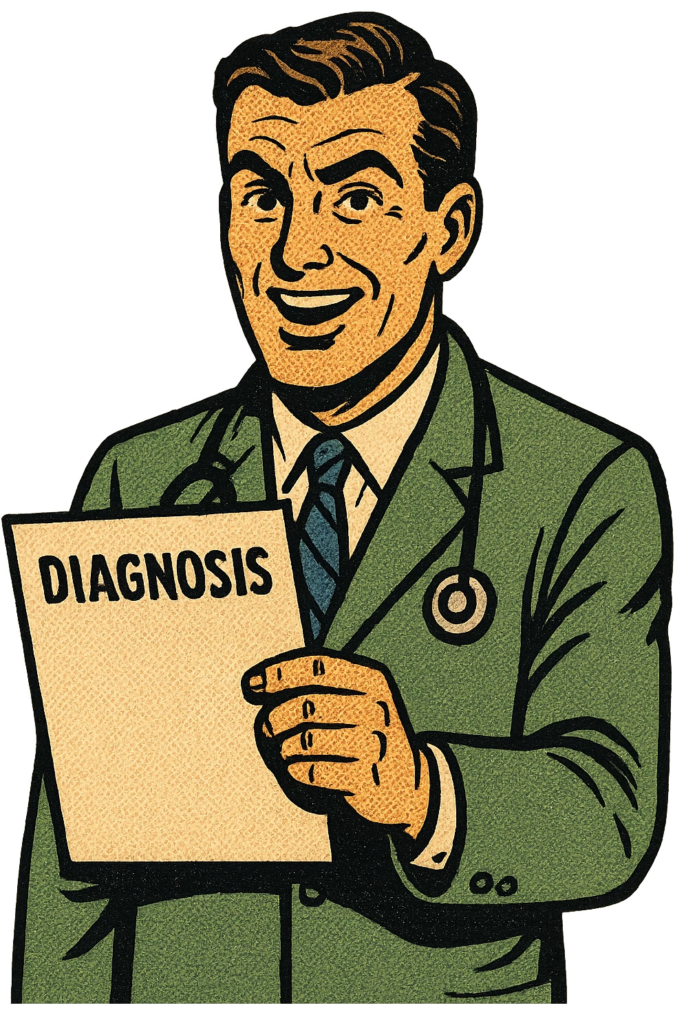 A doctor standing up holding a sheet of paper with the word diagnosis on it emoji