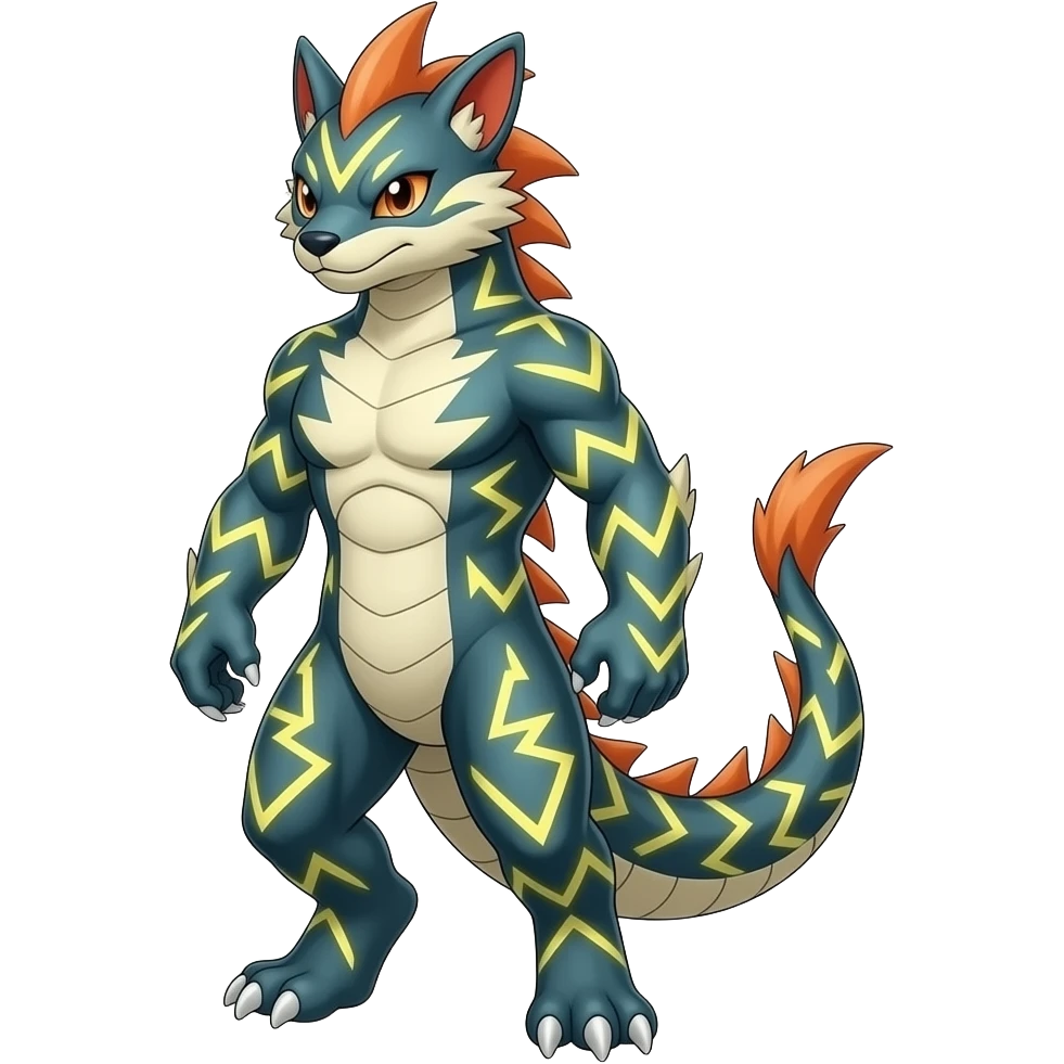 Feral Scaly Striking Slaying Badass Evil Handsome Lightning-patterned Zig-zagged buzzy fuzzy Meloetta-Renamon-Zeraora-Luxray-Cobalion-Absol-Vernid-fusion-hybrid-creature, full body emoji