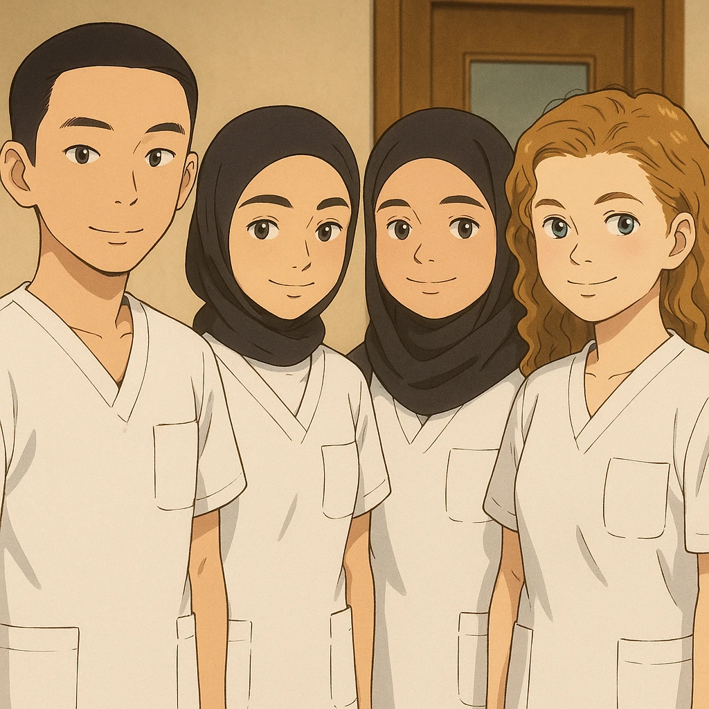 Four nursing students standing side by side indoors, each wearing a white short-sleeved uniform with a V-neck medical tunic, left chest pocket, no collar stand, no stethoscope, nothing protruding from the sleeves, friendly ambiance, no feet visible. emoji