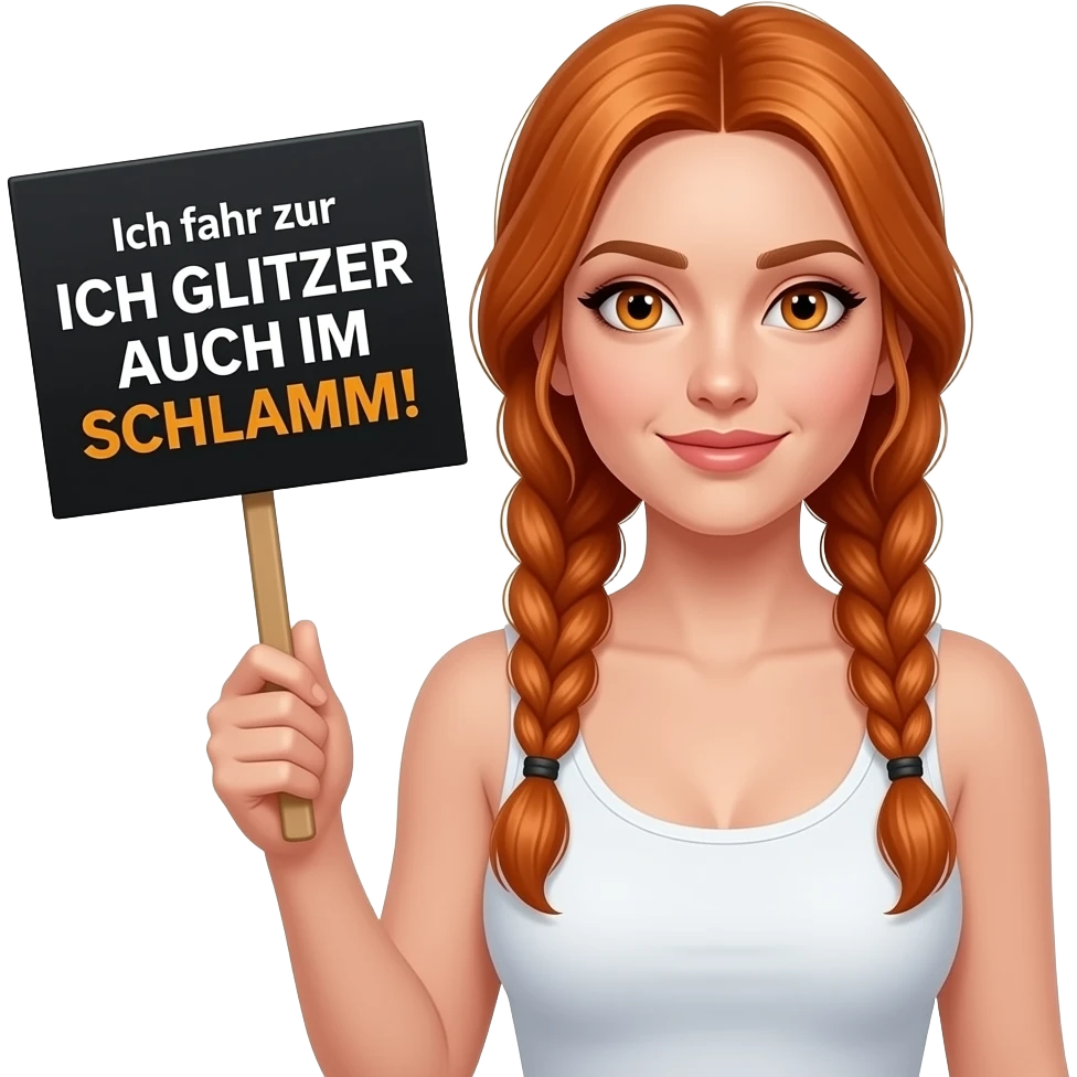 sexy girl with long ginger braids and ginger eyes wearing a white tanktop is holding a black sign with Ich fahr zur ICH GLITZER AUCH IM SCHLAMM! written on it emoji