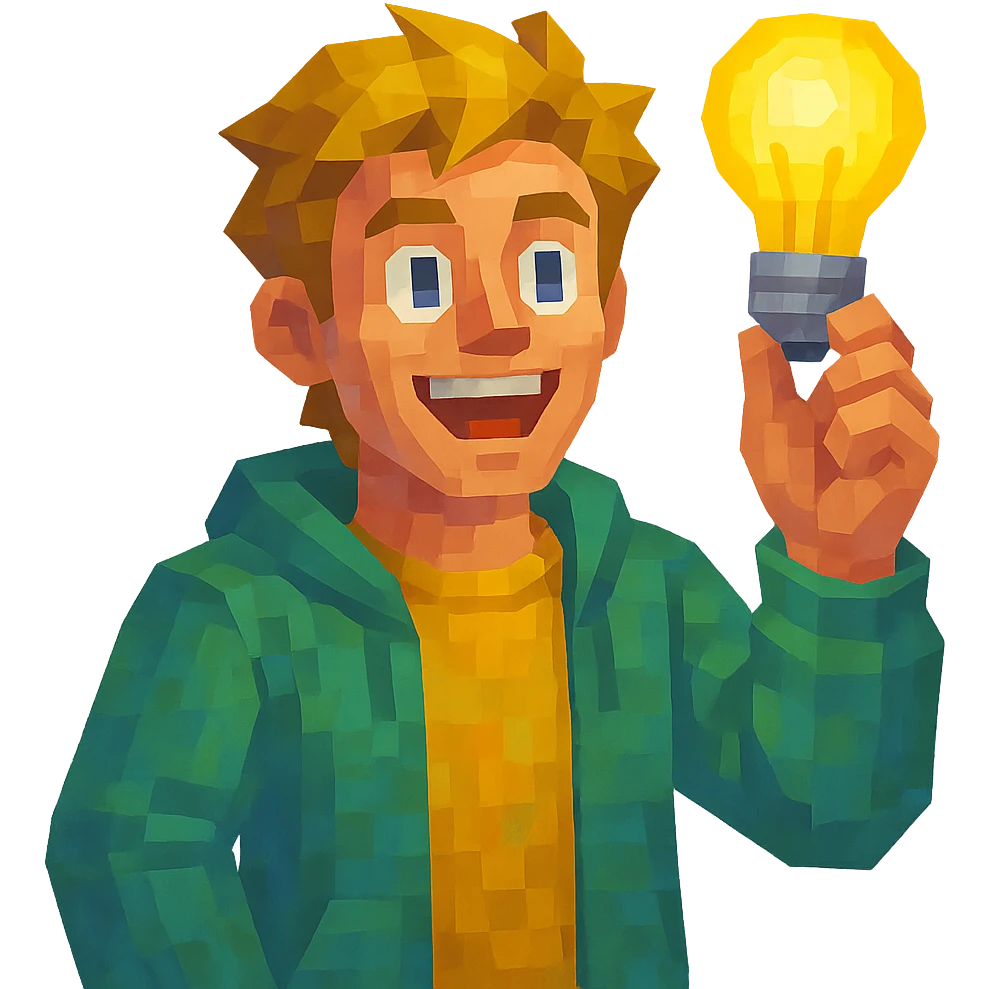 bright and expressive male visionary, fair skin, tousled golden hair, wide joyful eyes, wearing a green hoodie over a yellow tee, one hand raised with a glowing lightbulb, waist-up, front-facing emoji