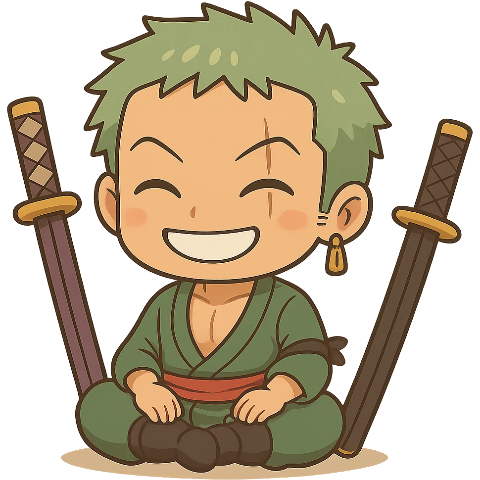 Remove the white lines over Zoro, keep the chibi cartoon style, sitting cross-legged with swords beside him, smiling, no background. emoji