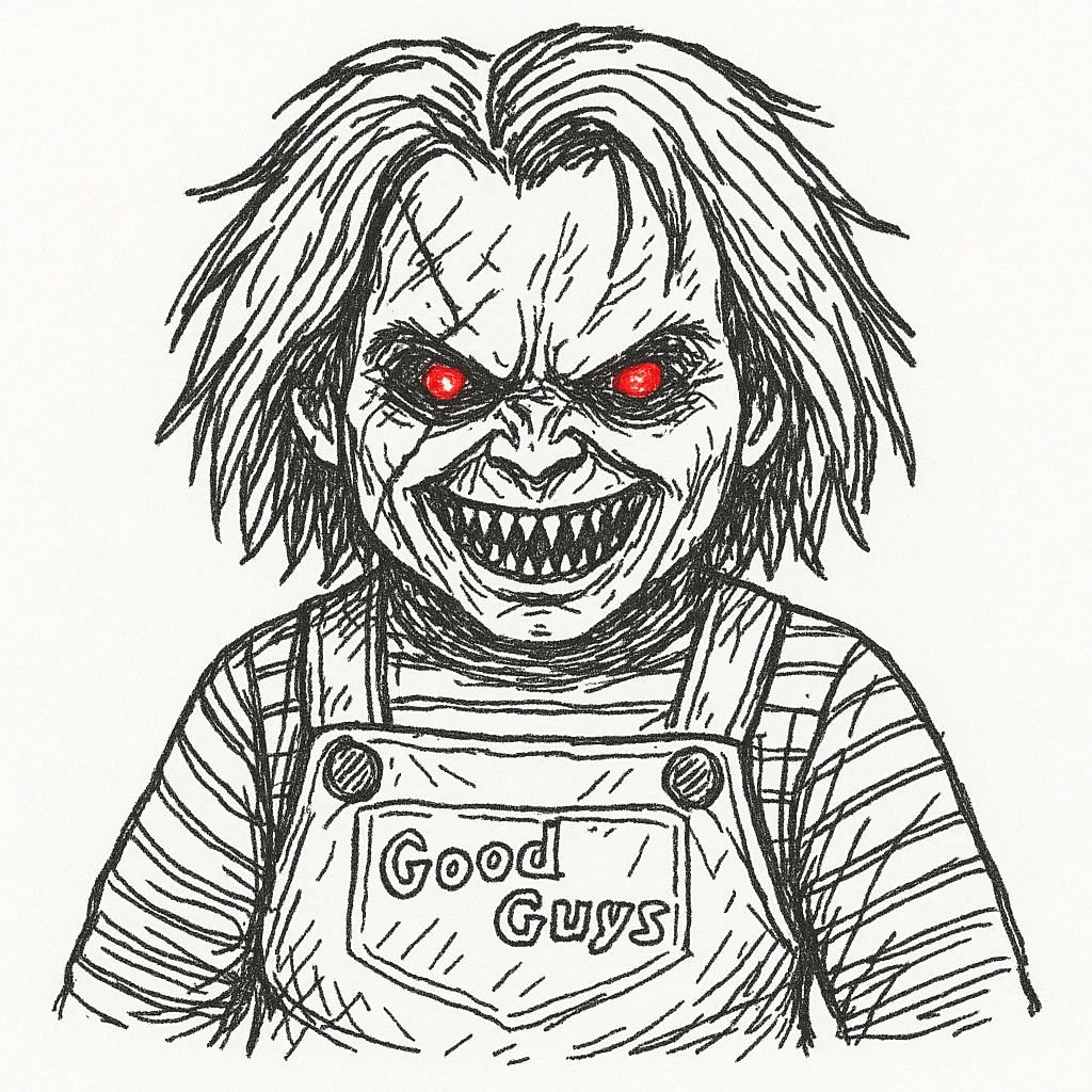 Make Chucky scarier with more menacing facial features, sharper teeth, glowing red eyes, and a sinister expression in a horror movie style. Keep the red hair, striped shirt, and overalls. emoji