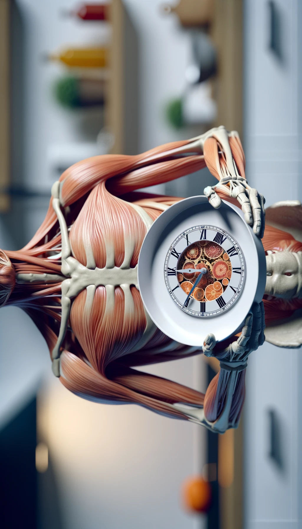 corpo umano anatomico, che tiene in mano un piatto bianco con la lancette di un orologio sopra, figura visibile fino ai fianchi, espressione del volto soddisfatta, sullo sfondo la sua cucina sfocata, iperrealistico 4k emoji