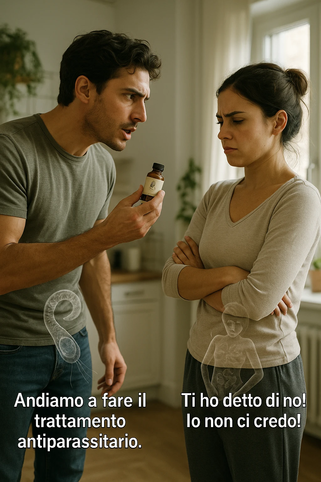 A highly realistic, cinematic photo of a young couple in their early 30s having an argument in a bright modern kitchen. The man, athletic build, wearing a casual T-shirt and jeans, is speaking firmly with a raised hand holding a small amber glass bottle labeled with a subtle herbal symbol, saying 'Andiamo a fare il trattamento antiparassitario' with a determined expression. The woman, with long dark hair tied in a messy bun, casual home outfit, crosses her arms with an angry, defensive expression, replying 'Ti ho detto di no! Io non ci credo!' while slightly turning away. Tension is visible in their body language, with the man leaning forward trying to explain and the woman leaning back, her eyebrows furrowed. Around them, subtle ghostly overlays of microscopic parasites are faintly visible near their abdominal areas, symbolizing the hidden reason for the argument. The kitchen is bright and modern with plants and natural light, contrasting the emotional tension. The style is hyperrealistic with warm tones and shallow depth of field focusing on their facial expressions, illustrating the conflict between belief in natural treatments and skepticism within the couple regarding hidden parasitic infections. in italiano emoji
