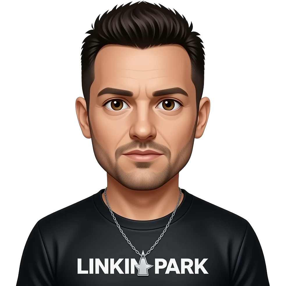 Rob Bourdon from Linkin Park with dark brown eyes, dark brown razor cut hair, black metallic t-shirt, necklace emoji