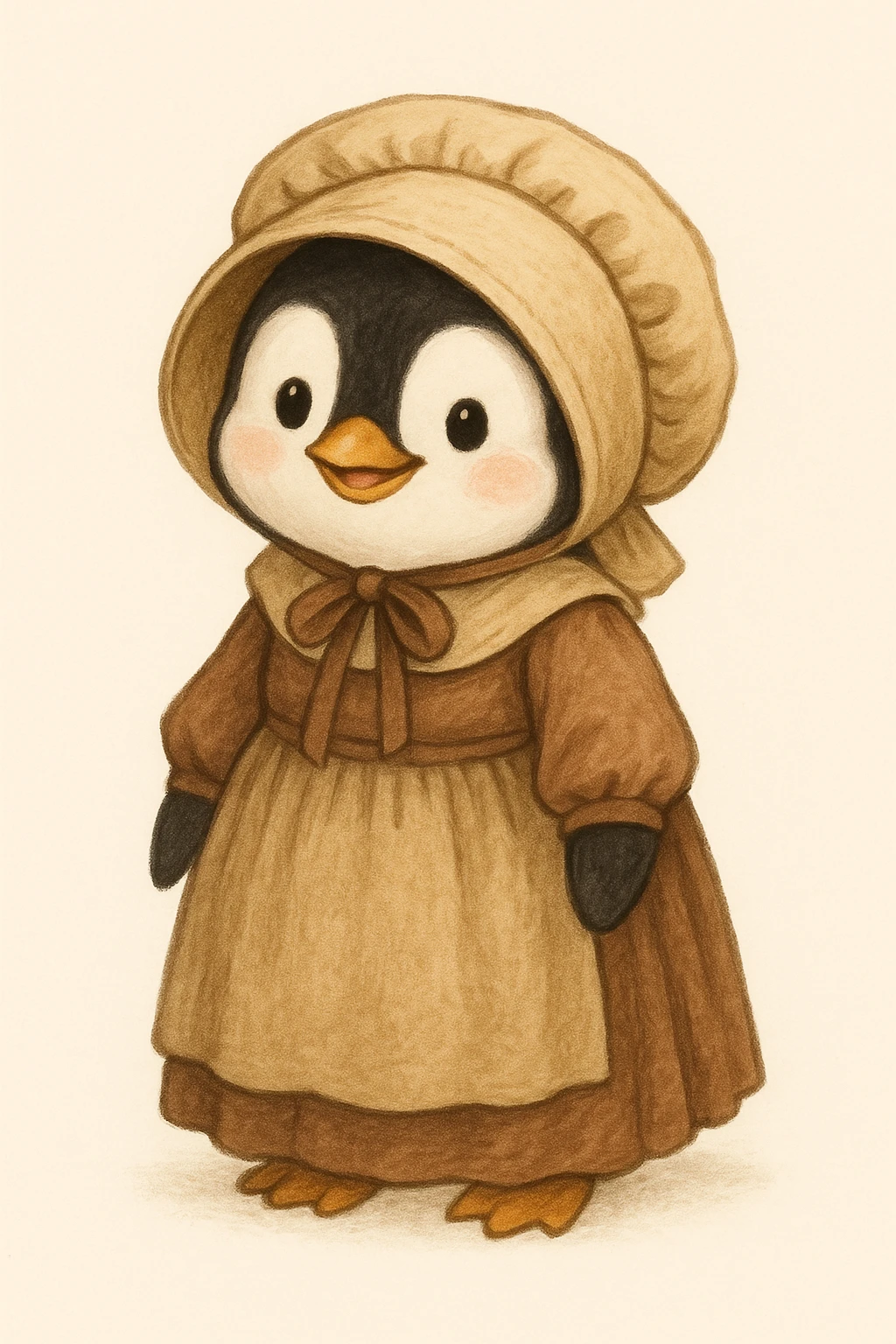 a cute penguin in pioneer clothes, with a bonnet and long dress, smiling, clean background emoji