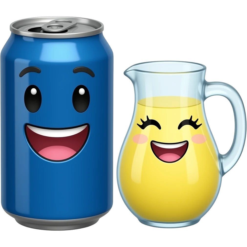 A plain blue soda can with a cute face without eyelashes and a fat pitcher of lemonade with a cute face with eyelashes emoji