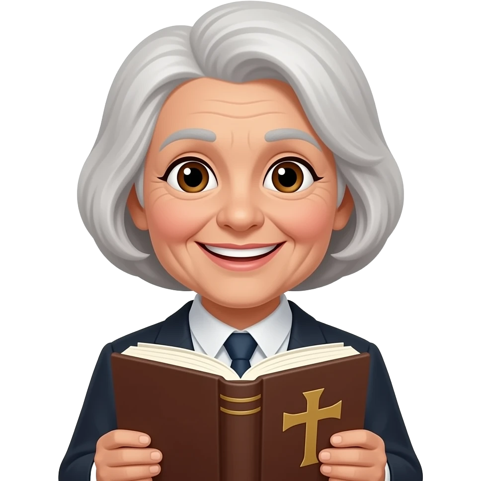 wise older woman with light brown skin brown eyes smile with book that has a cross on it emoji