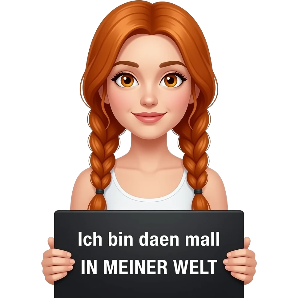 sexy girl with long ginger braids and ginger eyes wearing a white tanktop is holding a black sign with Ich bin dann mal IN MEINER WELT written on it emoji