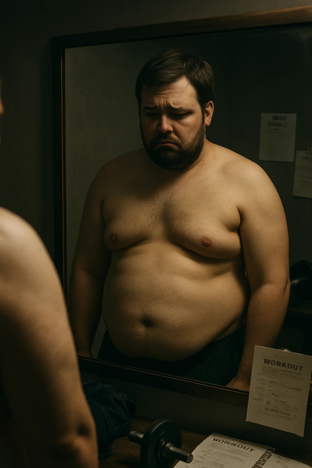 Overweight man in his 30s standing shirtless in front of a mirror, looking disappointed and unhappy. His body shows signs of failed body recomposition: excess fat, no visible muscle gain. Dim lighting, somber mood. The mirror reflects both his physical state and emotional frustration. Messy gym gear and diet plans scattered in the background, symbolizing efforts that didn’t work. Expression: frustration, sadness, self-reflection emoji