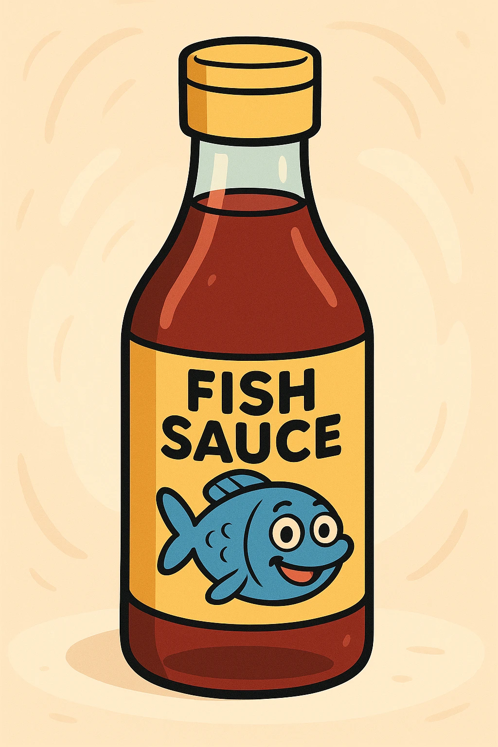 cartoon style fish sauce bottle, smiling face on label, bright colors, playful, simple background emoji