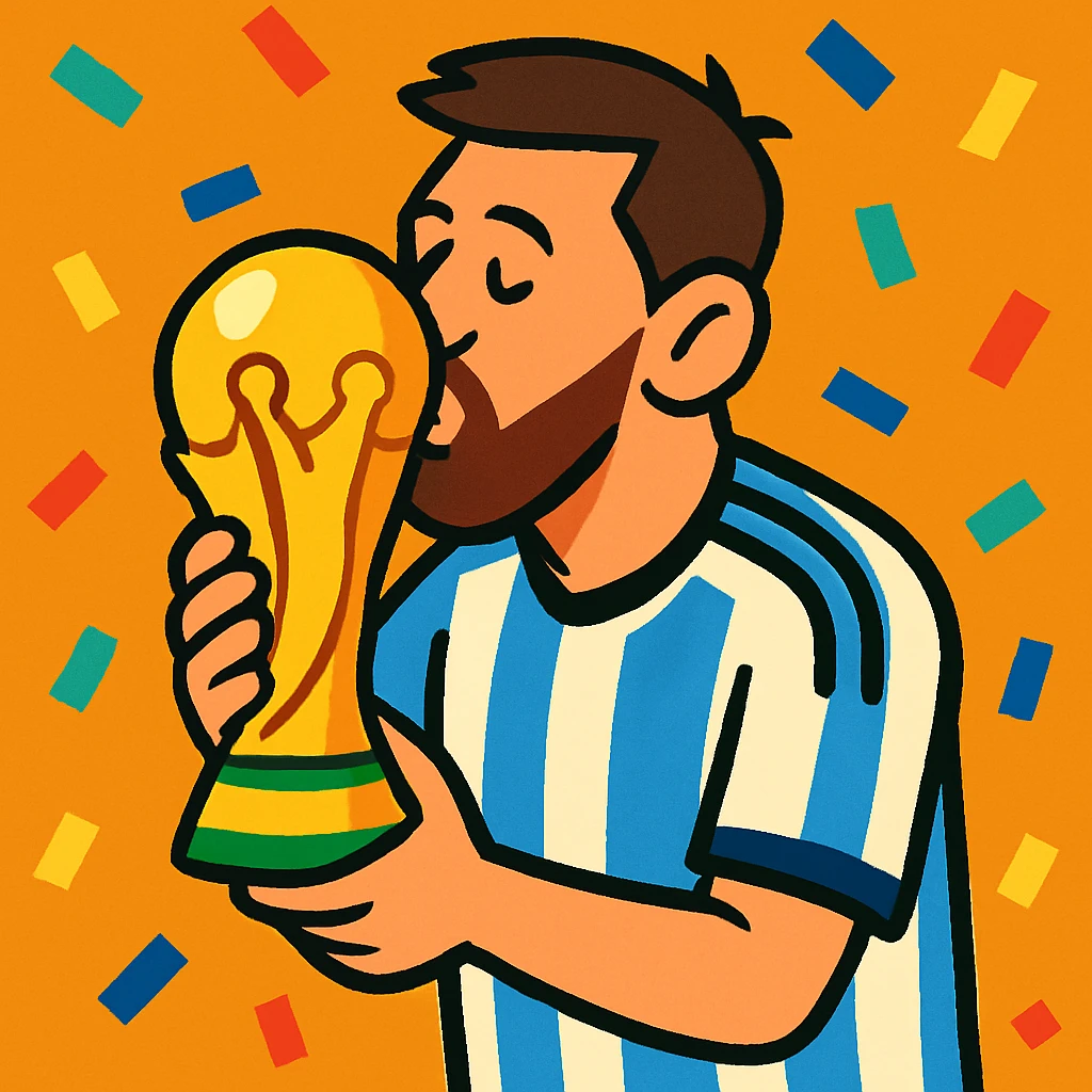 Cartoon Messi kissing the World Cup trophy, confetti falling, blue and white jersey emoji