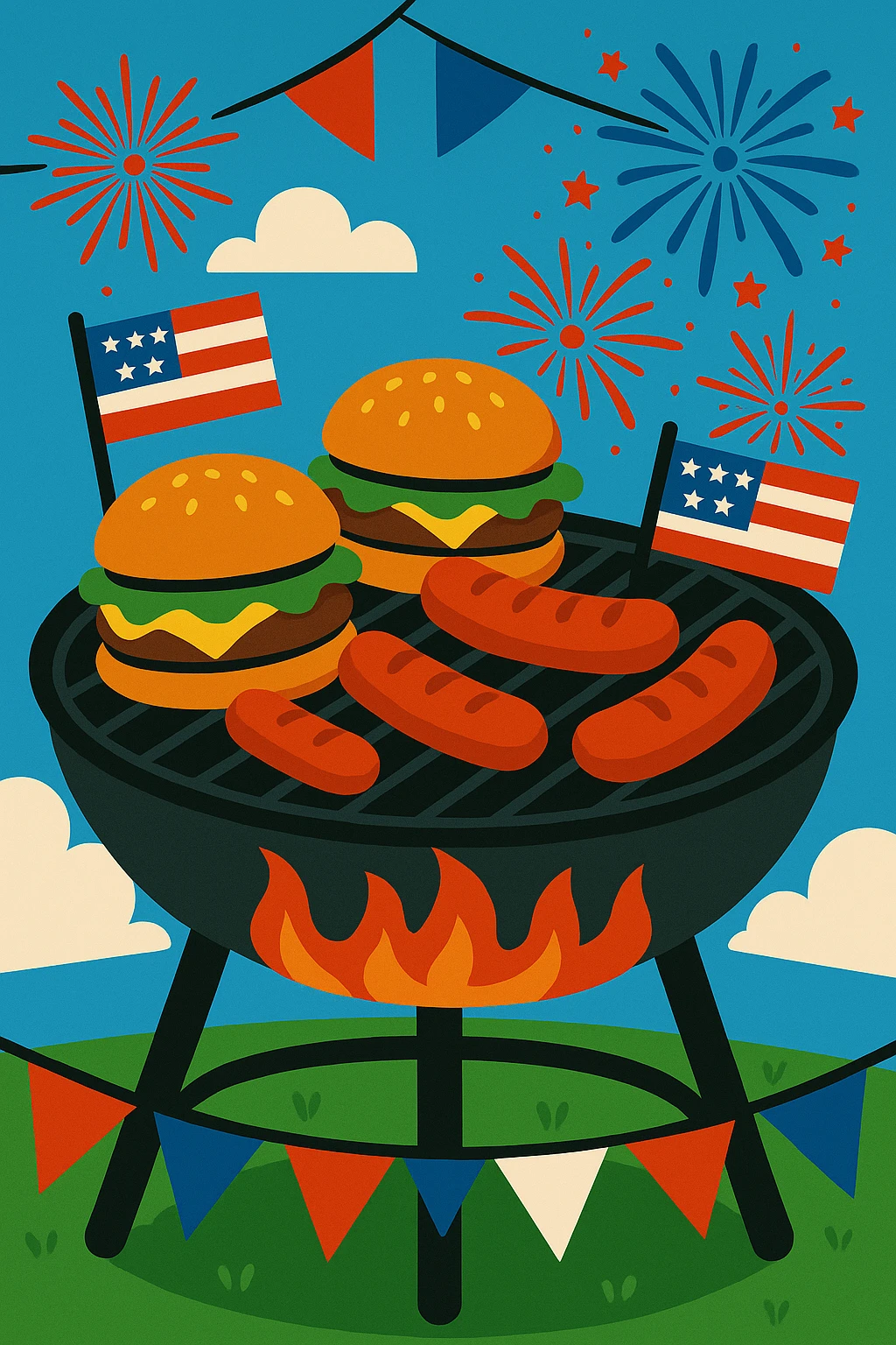 Add more fireworks around the barbecue grill, keep the festive 4th of July style with lively and colorful fireworks surrounding the grill area. emoji