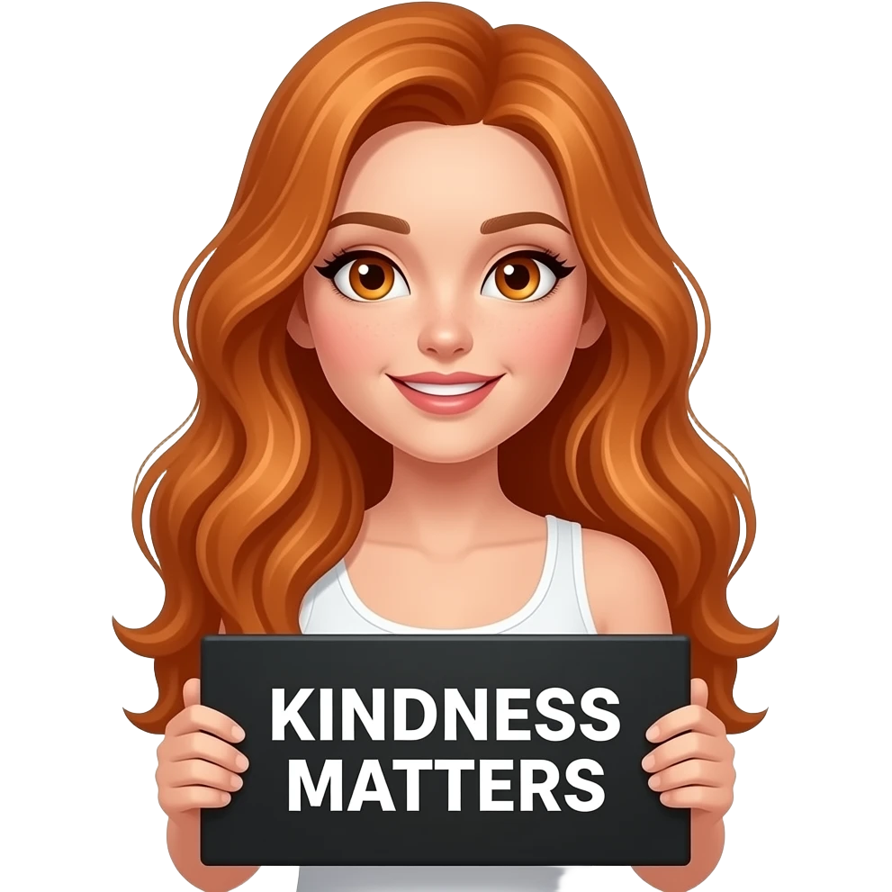 sexy girl with long ginger hair and ginger eyes wearing a white tanktop is holding a black sign with KINDNESS MATTERS written on it emoji