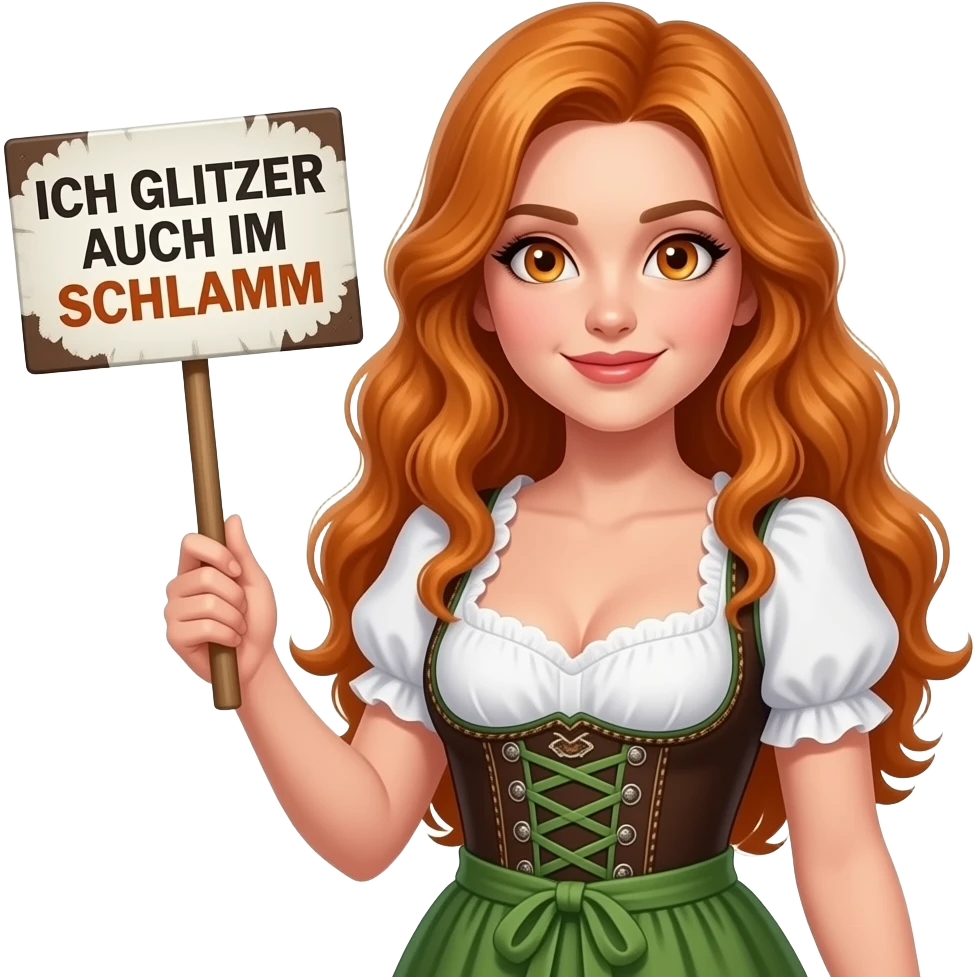 sexy girl with overlong ginger hair and ginger eyes wearing a dirndl holding ICH GLITZER AUCH IM SCHLAMM sign emoji
