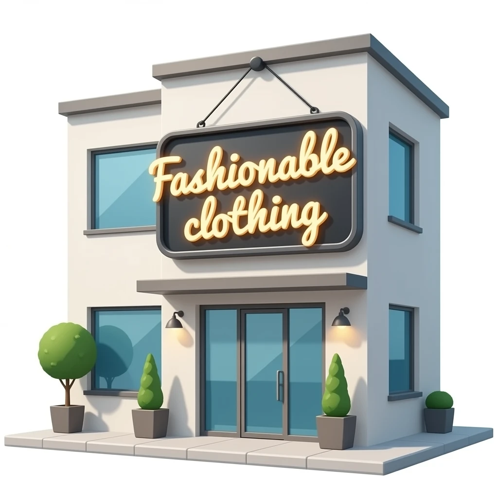 A modern beauty salon building with a stylish illuminated sign hanging on the front that reads “Fashionable clothing” emoji