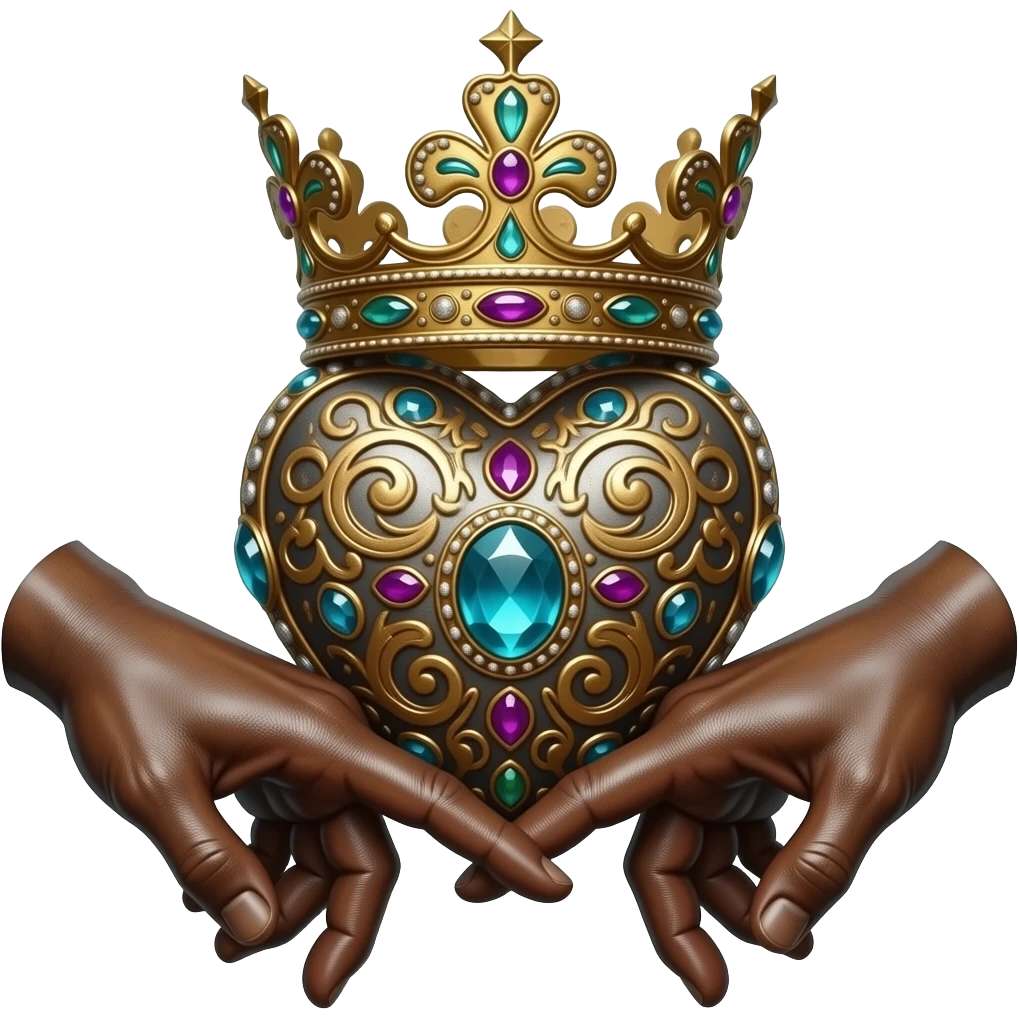 two rusty hands touch with their fingers (hands are facing downwards)  a rusty heart richly ornamented with arabesques and studded with precious stones with a richly decorated royal crown, dramatic lighting - backlight emoji