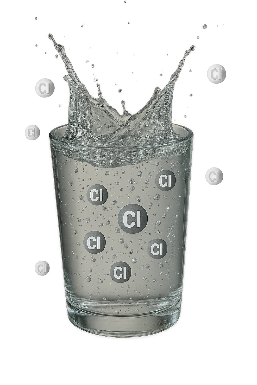 un bicchiere di acqua cade verticalmente dall'alto realistico e dettagliato, dentro l'acqua del bicchiere ci sono particelle di cloro ben visibili con la scritta "Cl" sopra, ci sono particelle anche che escono dal bicchiere e fluttuano in aria verticalmente, mentre alcune sono all'interno dell'acqua nel bicchiere, iperrealistico 4k emoji