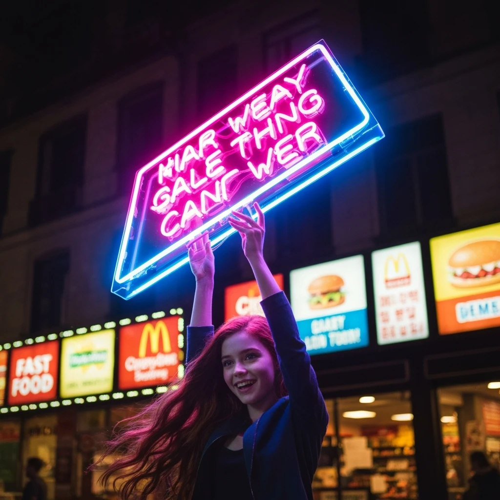 make a girl holding this sign, but sign in made of neon, also add fast below the sign emoji