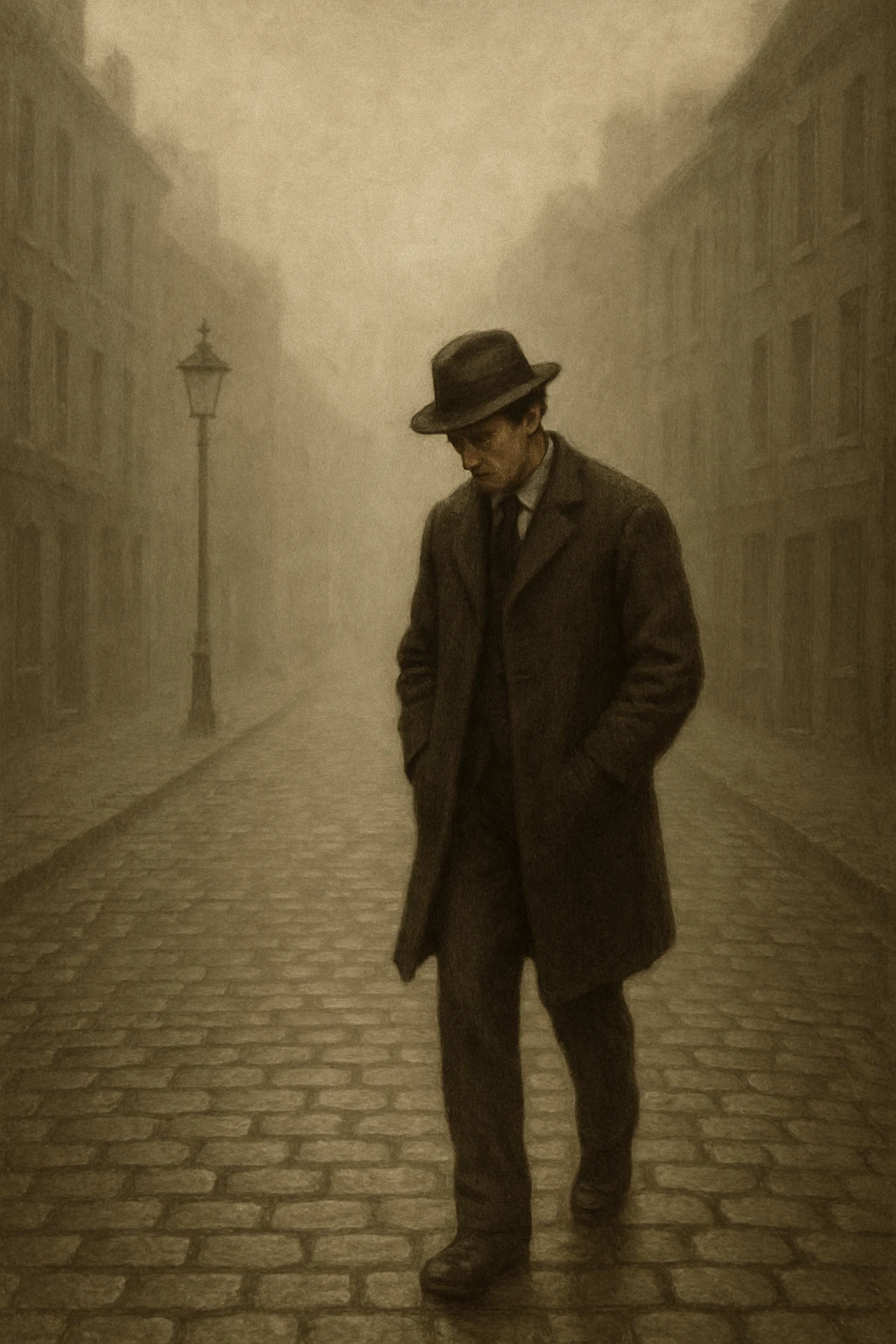 a solitary man in early 20th century attire, walking down a foggy cobblestone street, lost in thought, philosophical mood, muted colors emoji