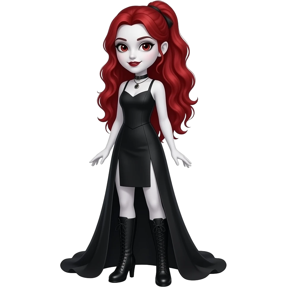 Vampiro femmina ADOLESCENTE con pelle bianca e capelli rosso ondulati lunghi raccolti in una mezza coda che indossa un vestito  lungo fino ai piedi nero e stivali lunghi con tacco neri emoji